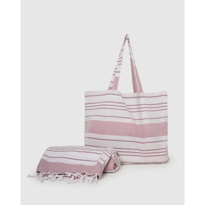 Pack bolso + toalla pareo algodón raya indra rosa