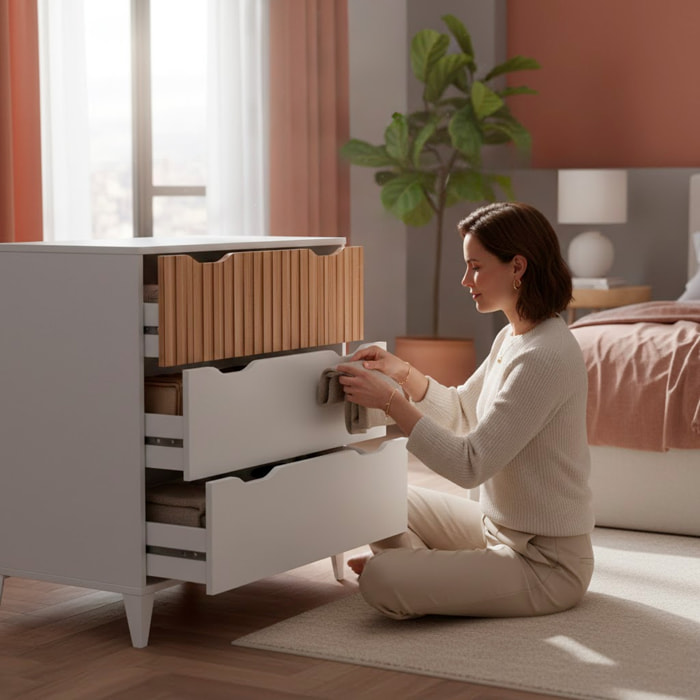 Cassettiera Stile Nordico Con 3 Cassetti Mobile Per Camera Da Letto Con Gambe Rialzate Mobile Design Scandinavo 70.5 x 76 x 40 Cm Bianco E Rovere