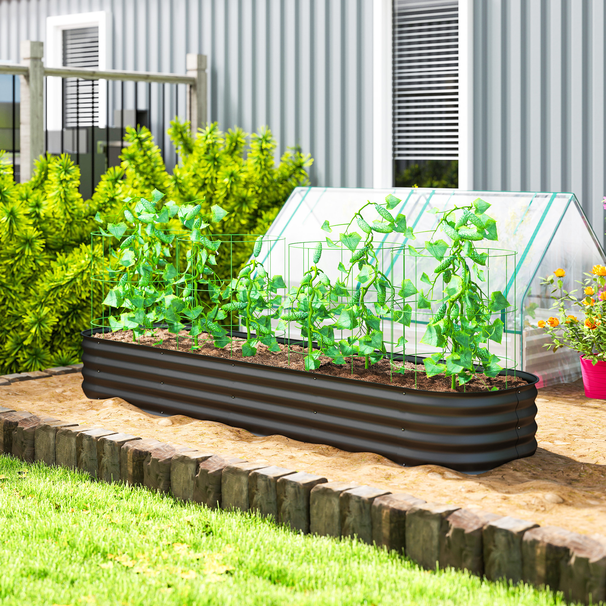 Carré potager de jardin dim. 240L x 62l x 30H cm modulable tôle d'acier ondulée anthracite