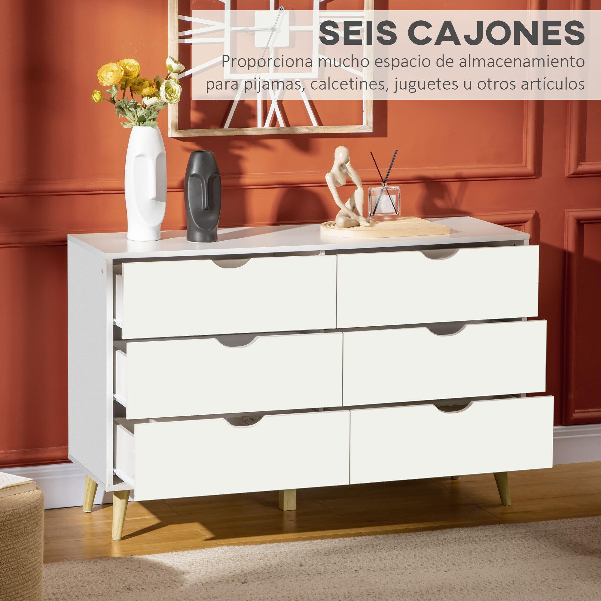 Cómoda con 6 Cajones Cajonera de Armario Mueble Organizador con Cajones para Cocina Dormitorio Salón Estudio Estilo Moderno Antivuelco 120x40x76 cm Blanco