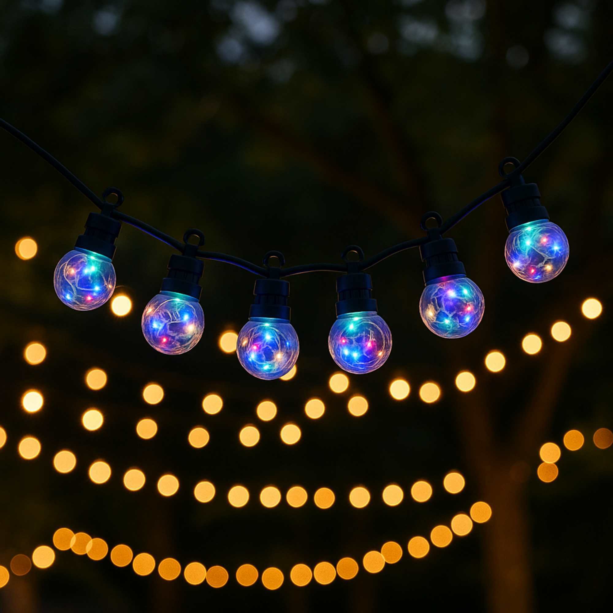 Guirnalda de luces multicolor con bombillas g50 y temporizador - decoración led para exterior e interior, 10 bombillas, cable 5 metros