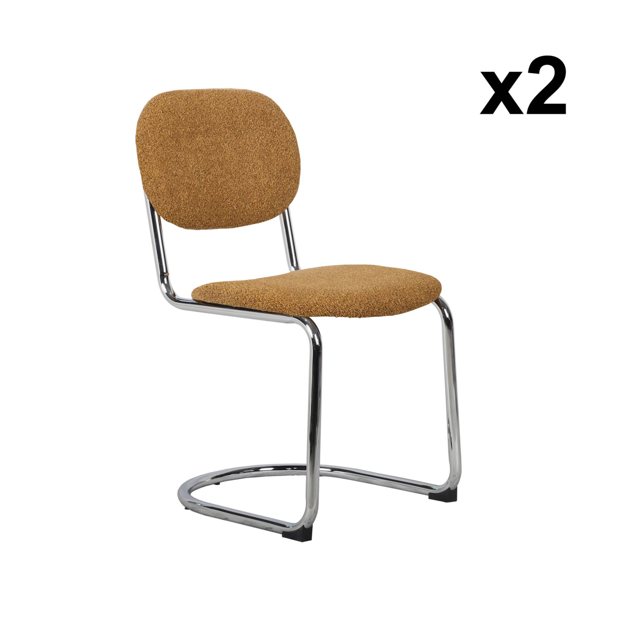 Lot de 2 chaises cantilever arrondie métal. bouclette texturée moutarde et pieds chromés - L 47 x P 54.5 x H 81cm - Maloa