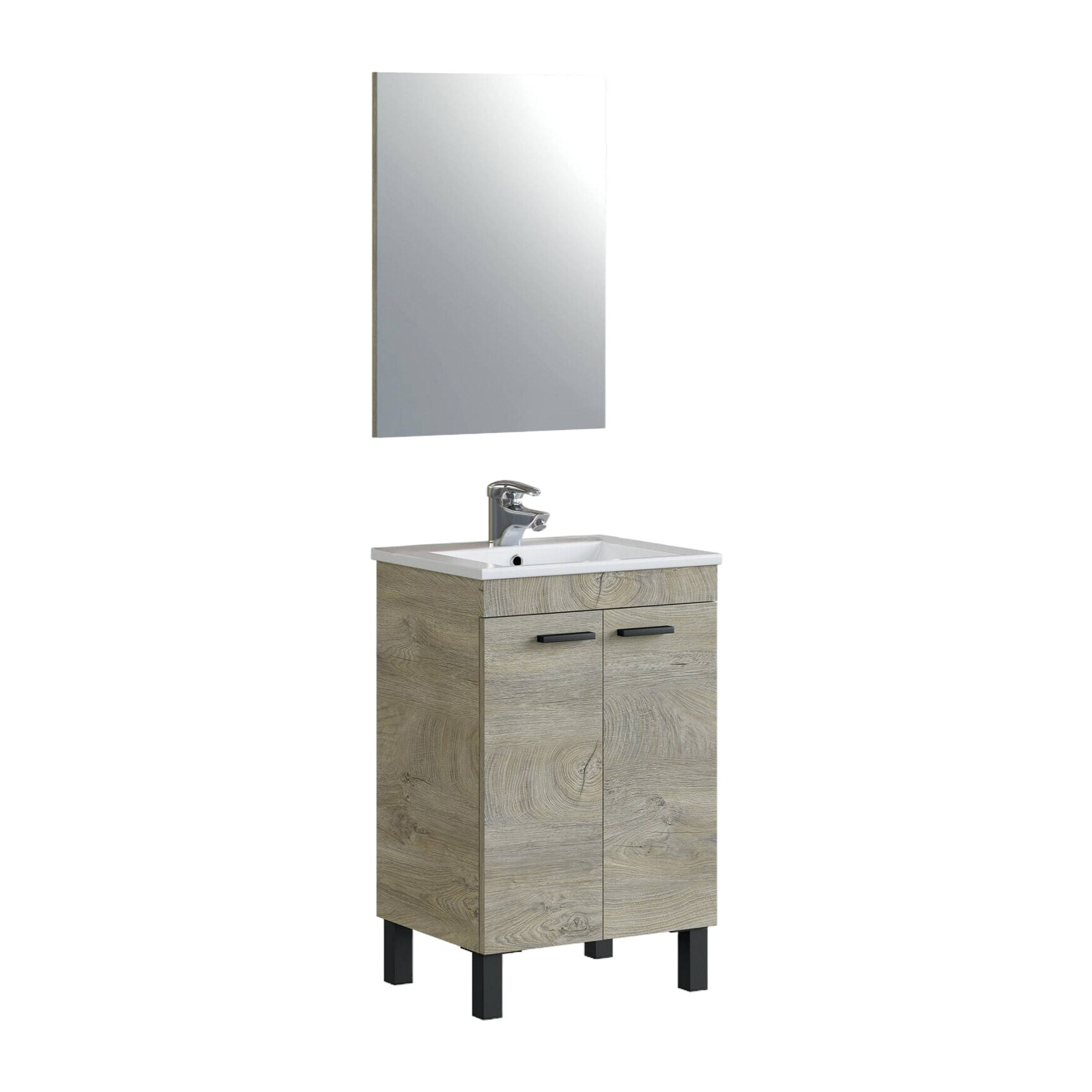 Mobile sottolavabo Almenia, Mobiletto per bagno, Armadio a 2 ante con specchio, lavabo non incluso, 50x40h80 cm, Rovere