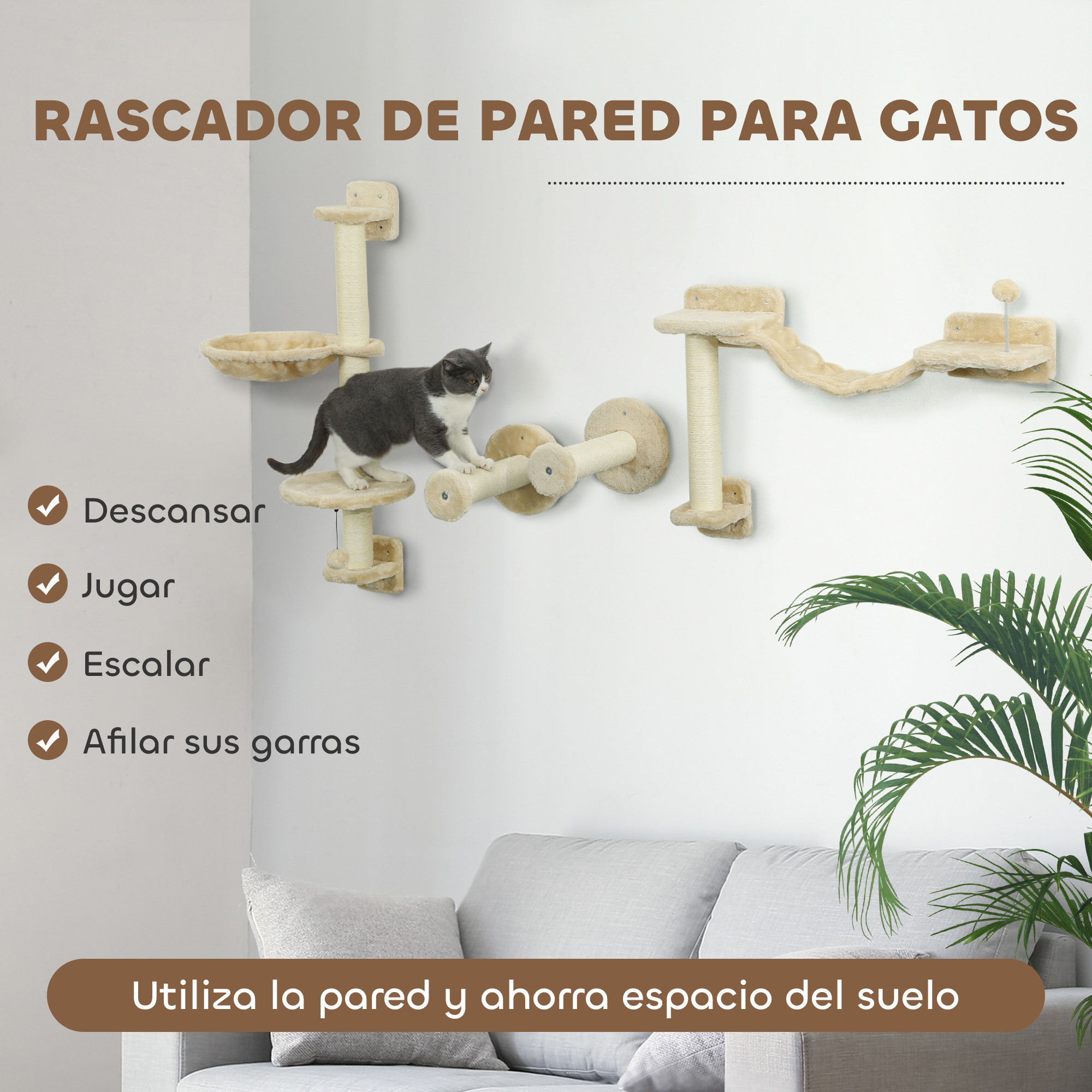 Juego de Estanterías para Gatos de 4 Piezas Rascador de Pared para Gatos con Hamaca Postes Rascadores Escalera Blanda Bola Plataformas para Saltar Beige