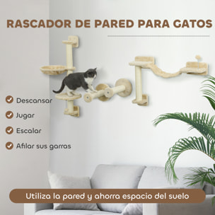Juego de Estanterías para Gatos de 4 Piezas Rascador de Pared para Gatos con Hamaca Postes Rascadores Escalera Blanda Bola Plataformas para Saltar Beige