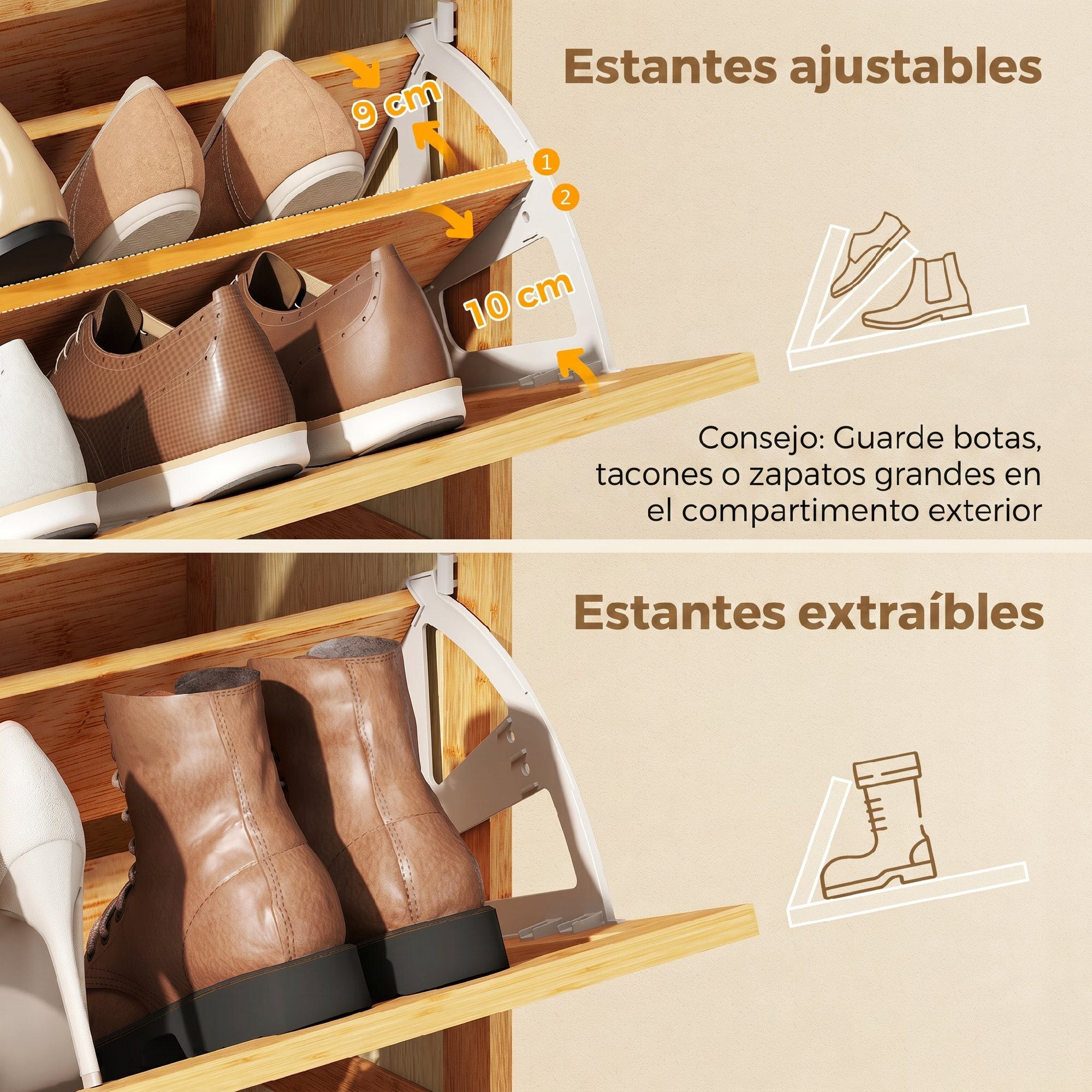 Zapatero Estrecho de Bambú con 2 Cajones Abatibles de Ratán, Mueble Zapatero Bohemio con Estantes Ajustables, para 12-14 Pares de Zapatos, para Pasillos, Entradas, 69x29x83 cm, Natural