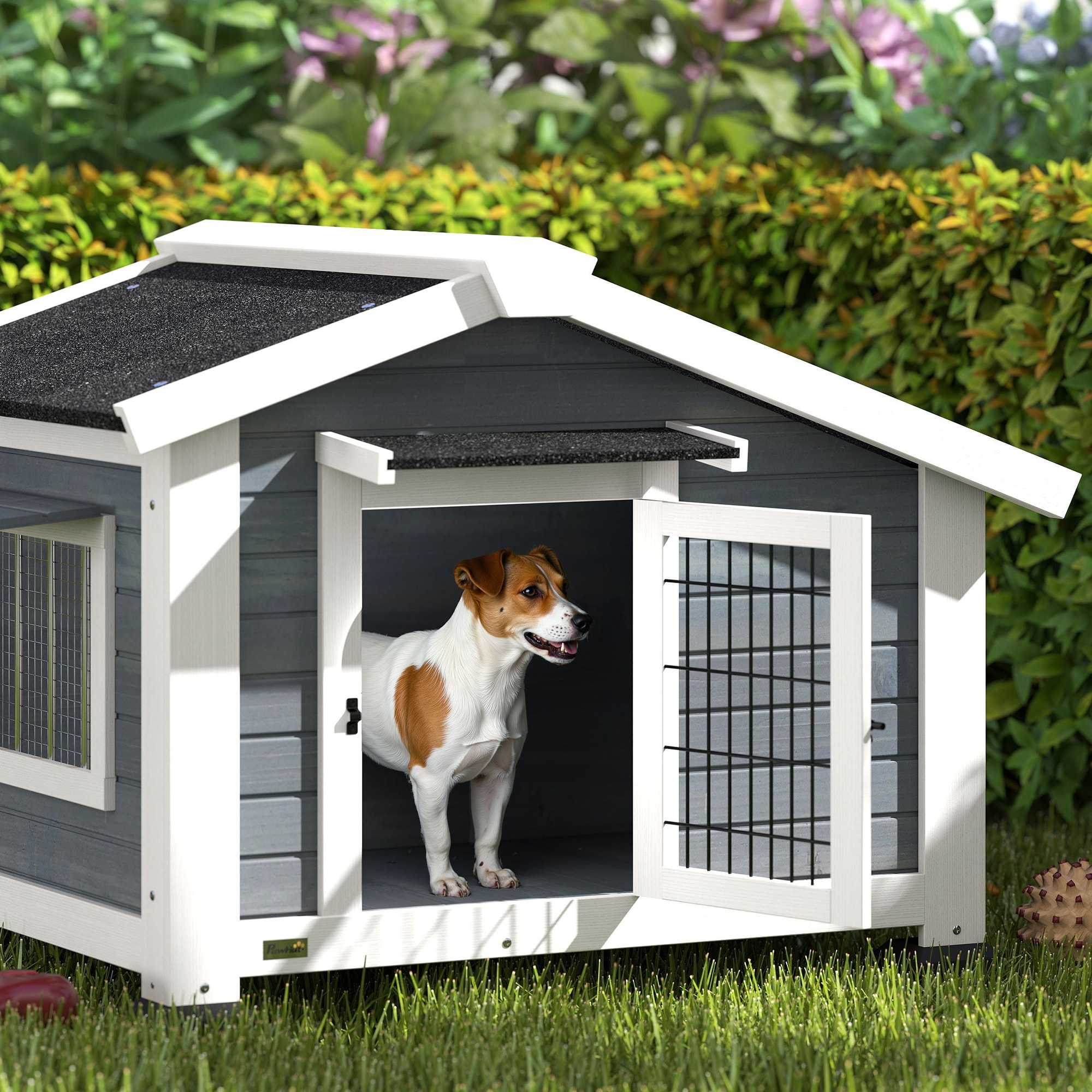 Caseta para Perros Exterior de Madera, Casa para Perros Medianos con Techo Asfático, Suelo Extraíble, Ventana Abatible y Puerta Ventilada, Base Elevada, 98x76x69,5 cm, Gris