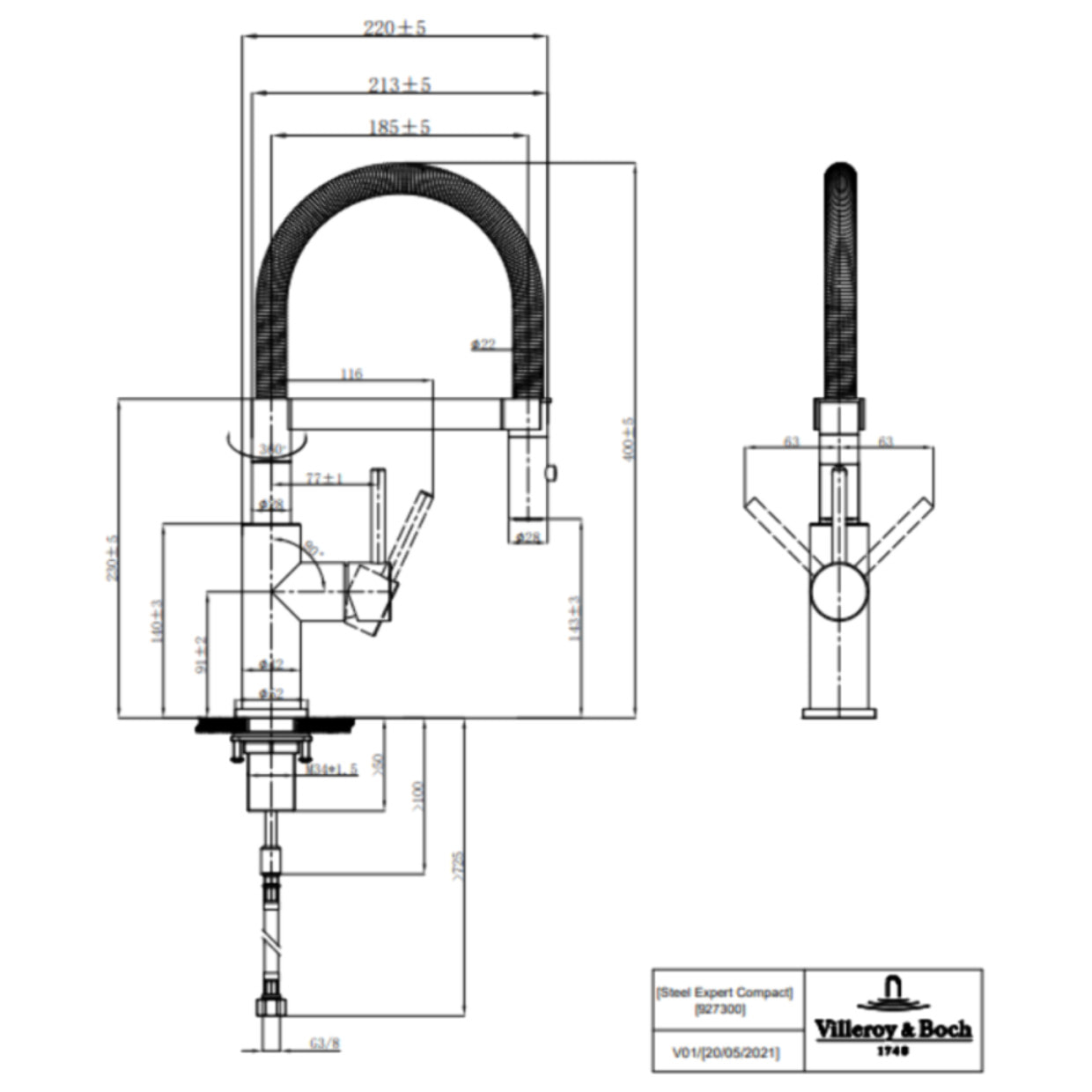 Robinet cuisine Steel expert compact acier massif