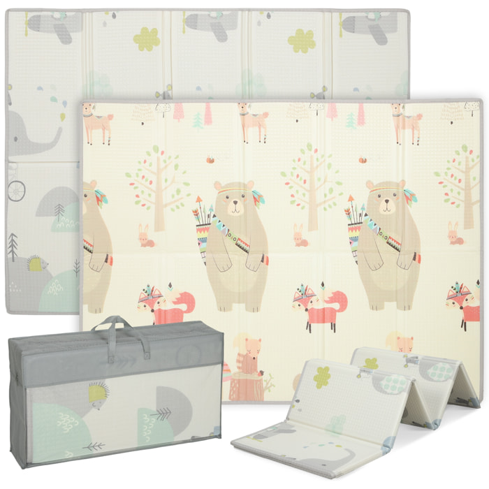 Tapis de jeu bébé pliable réversible motif animaux forêt - 200 x 150 x 1,5 cm - antidérapant imperméable