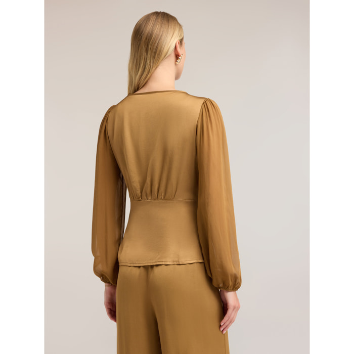 Motivi - Blusa de raso con escote en V y lazo - Beige