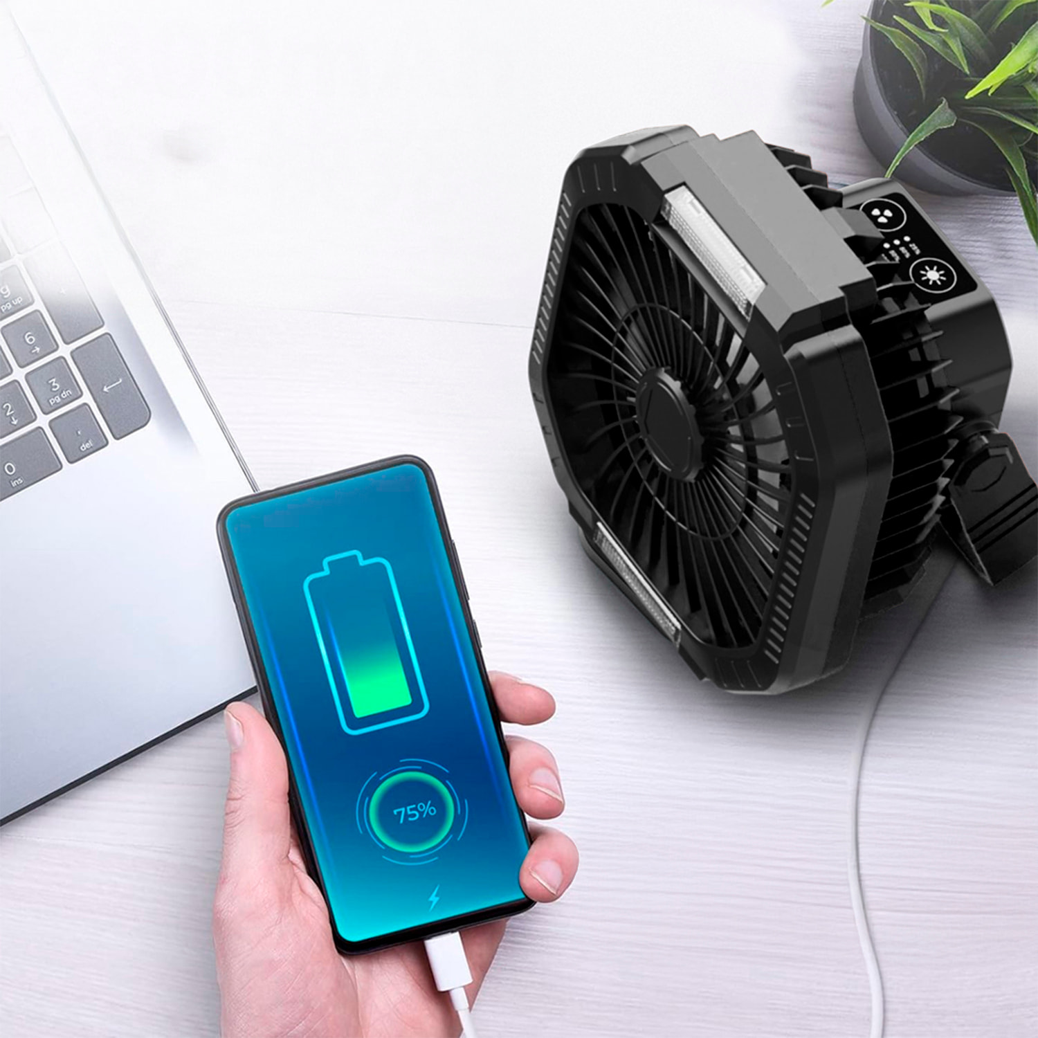 Ventilador P10 con motor sin escobillas, LED con 16 luces, 4 velocidades, 3 niveles de luz y 3 temporizadores. Incluye mando y powerbank de 7800 mAh.