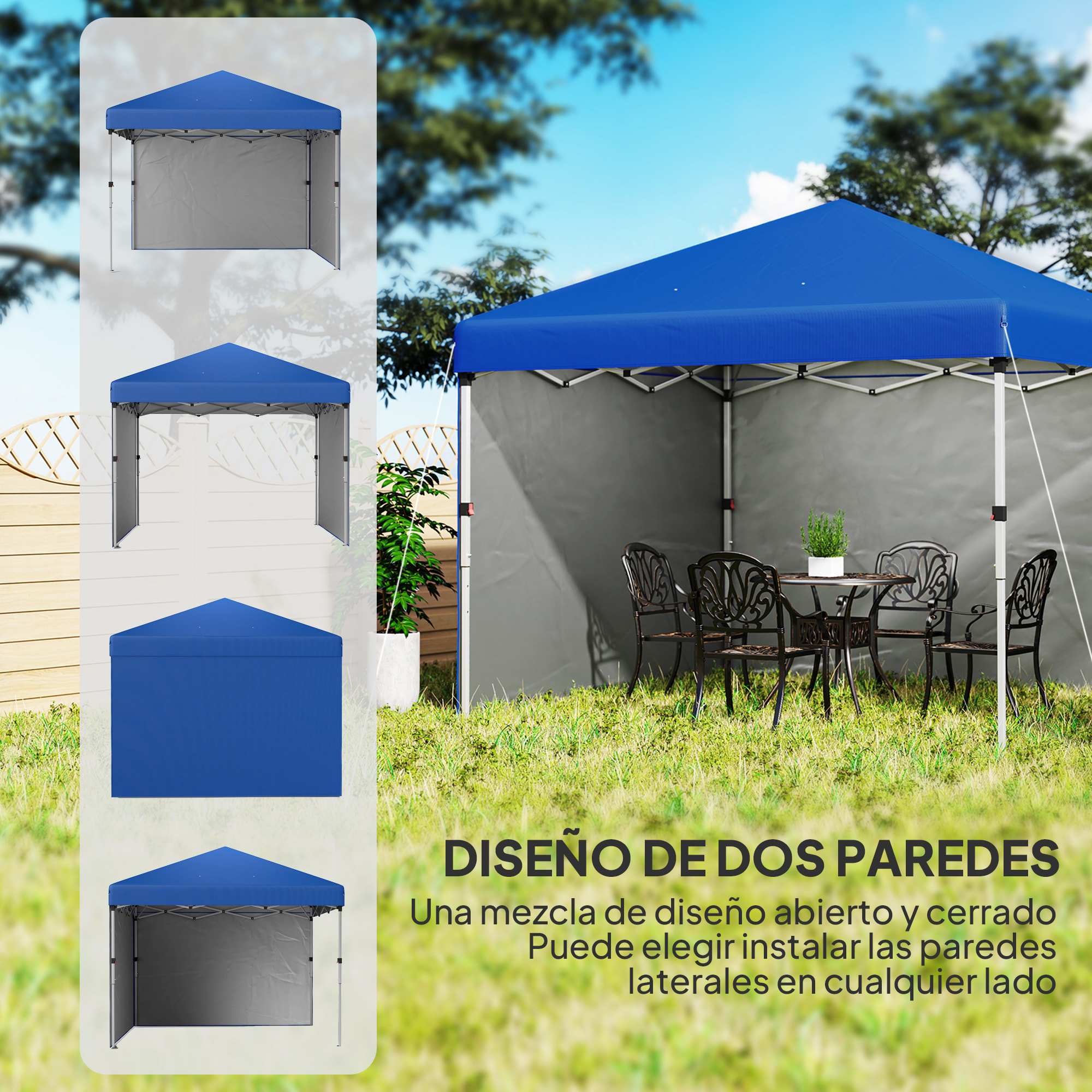 Carpa Plegable Pop-up Gazebo 3x3 m Cenador Plegable con 2 Paredes Laterales Anti-UV Altura Ajustable en 3 Niveles Sacos de Arena y Bolsa de Transporte con Ruedas para Camping Fiestas Azul