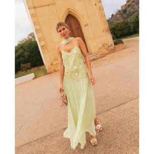 Vestido midi con cuerpo de bordados y gasa