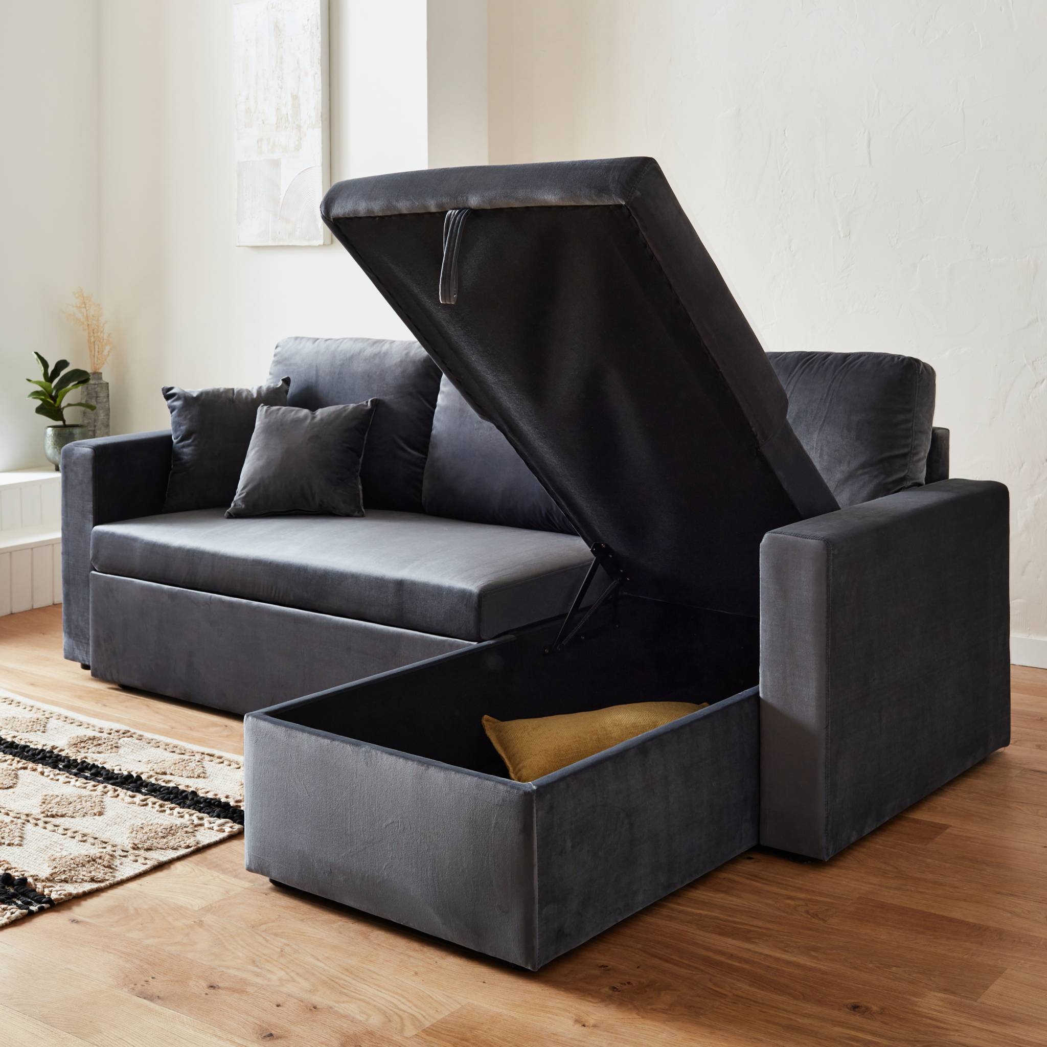 Canapé d'angle convertible en velours gris foncé 3 places. fauteuil d'angle réversible coffre rangement lit modulable