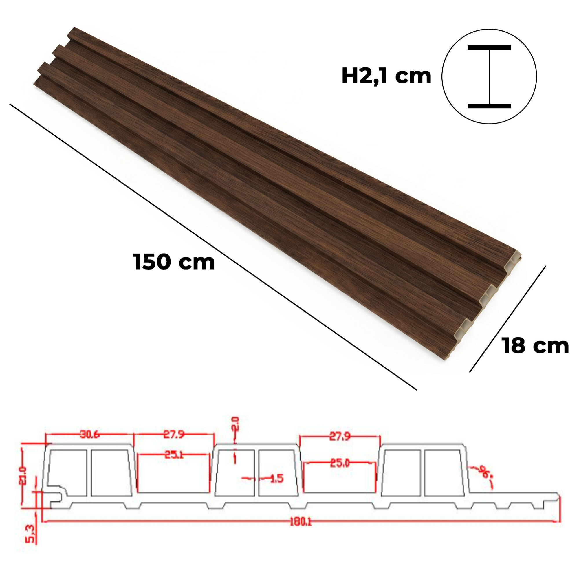 Bach - Set 8 Pannelli Fonoassorbenti Decorativi 18x150x2,1 cm per Interno ed Esterno in WPC Walnut