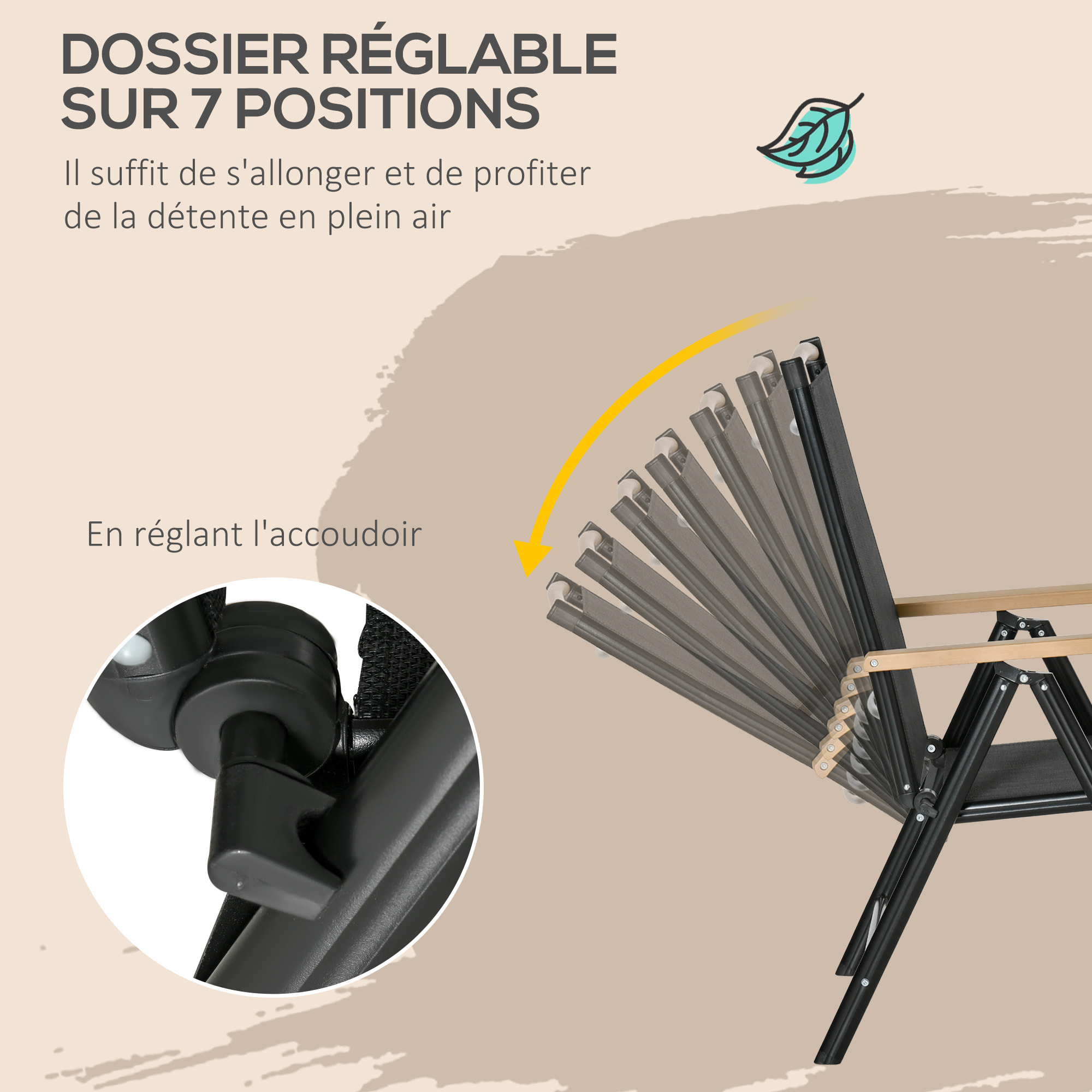 Ensemble table de jardin 6 personnes - chaises pliables inclinables accoudoirs - alu textilène noir plastique effet bois