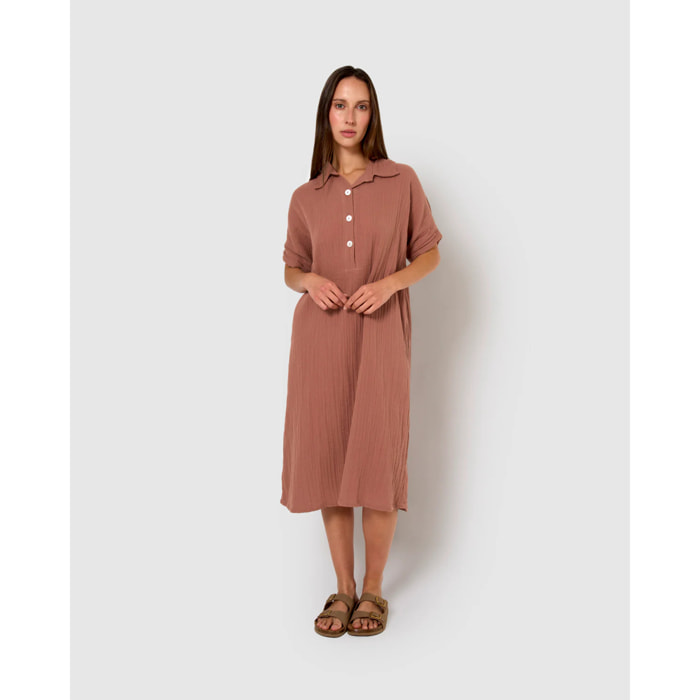Vestido midi manga fluida muselina rosette