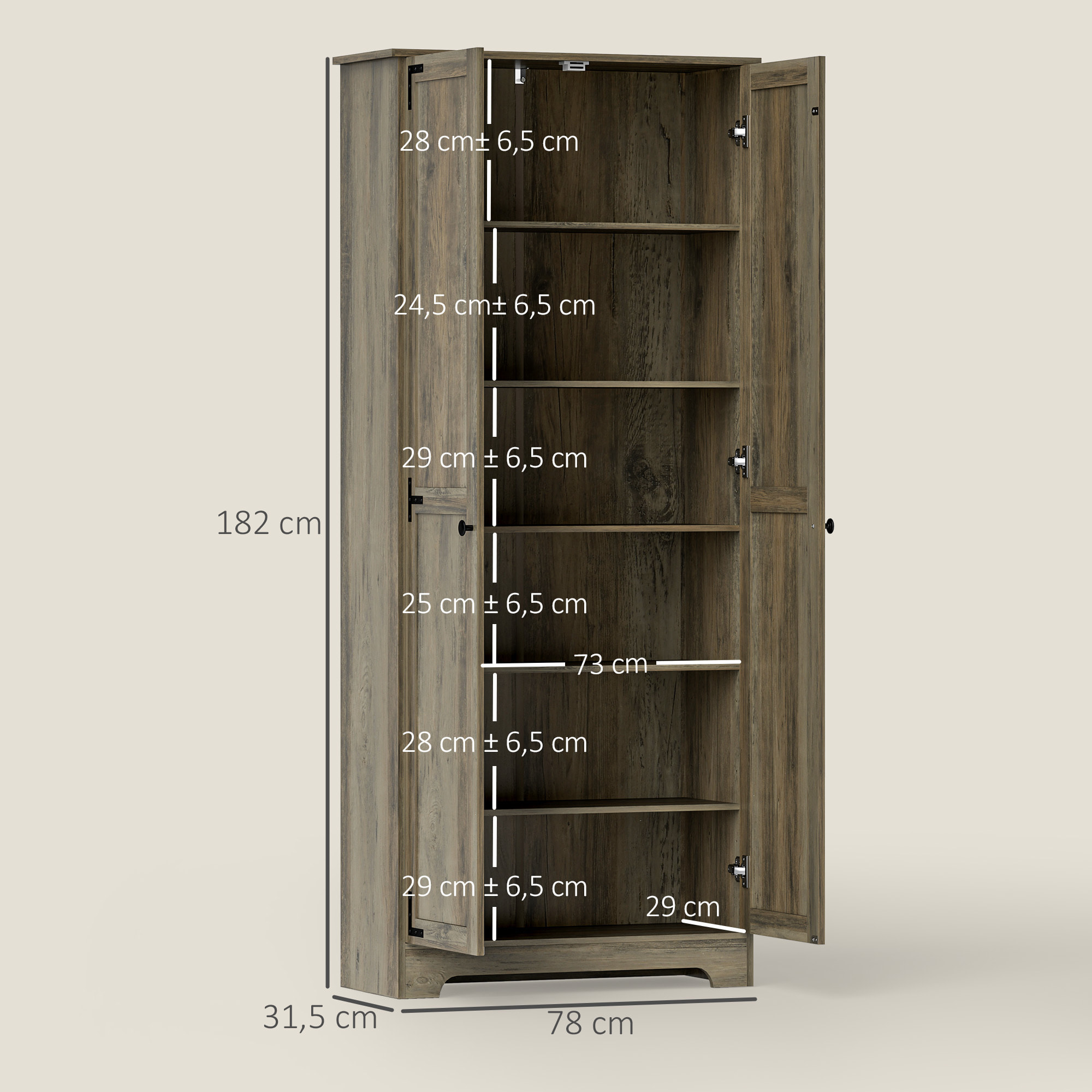 Alacena de Cocina Armario de Cocina Armario de Almacenaje con 2 Puertas y Estantes Ajustables para Comedor Salón 78x31,5x182 cm Marrón Grisáceo