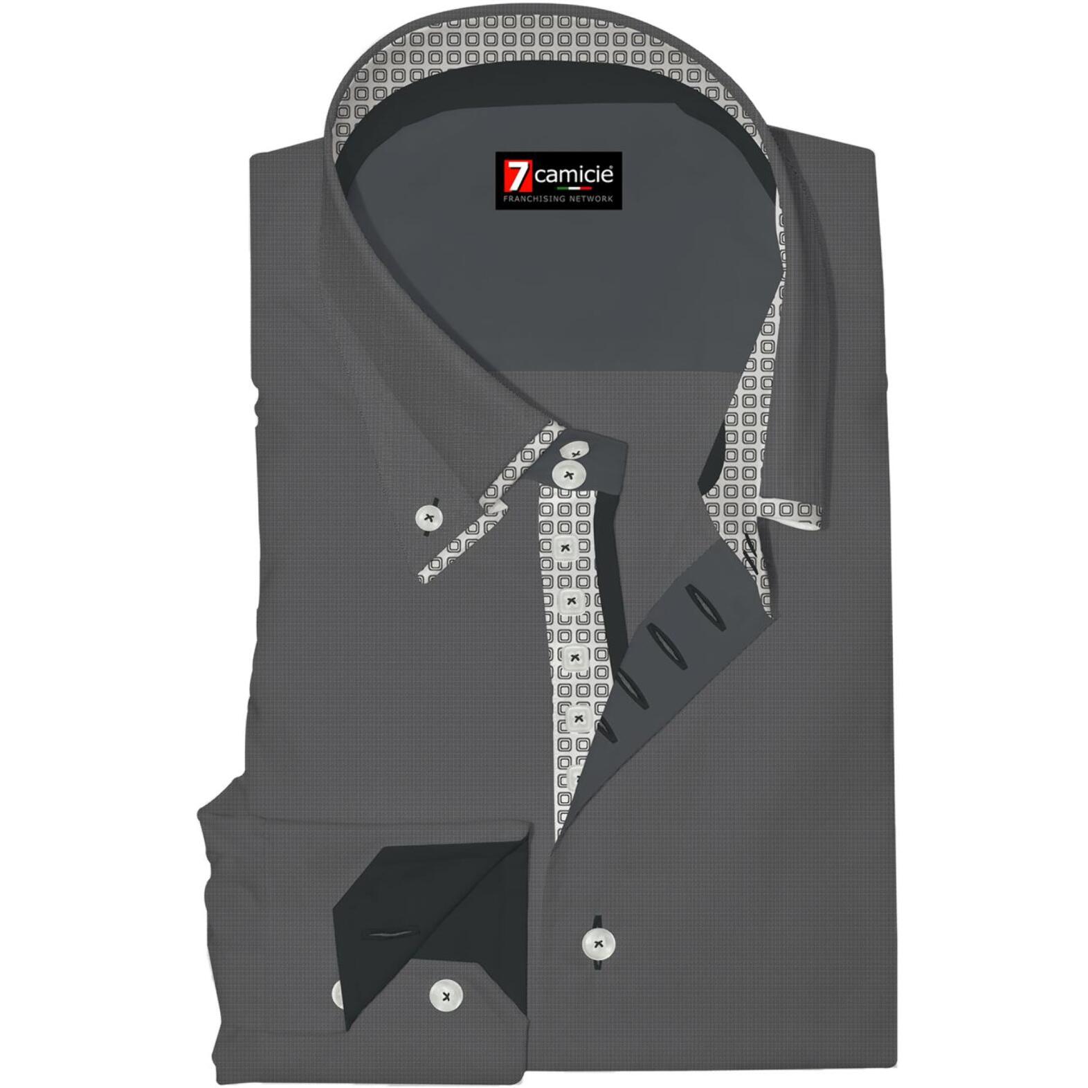 Camicia Uomo 2 Bottoni Button Down 7bottoni Doppio Coll Oxford Unito Grigio Scuro