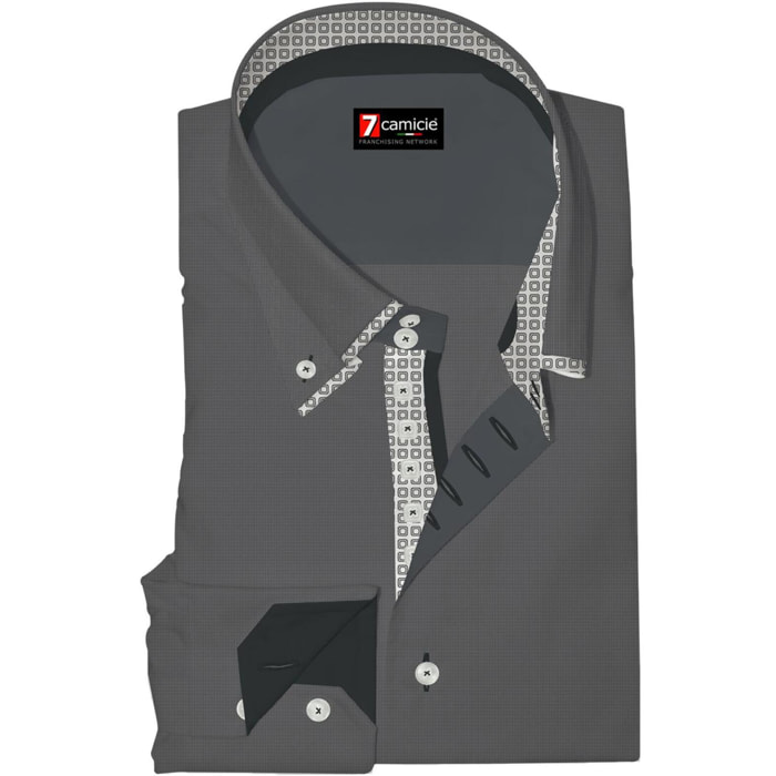 Camicia Uomo 2 Bottoni Button Down 7bottoni Doppio Coll Oxford Unito Grigio Scuro