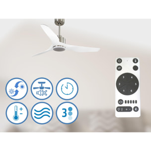Ventilador de techo Reversible Termostato Dimable Wifi Motor DC Techos Inclinados Mando a Distancia Luz tres tonos Adaptador 2/3 Aspas Hypersilence Memoria ThassosD127C03LED65043 PURLINE