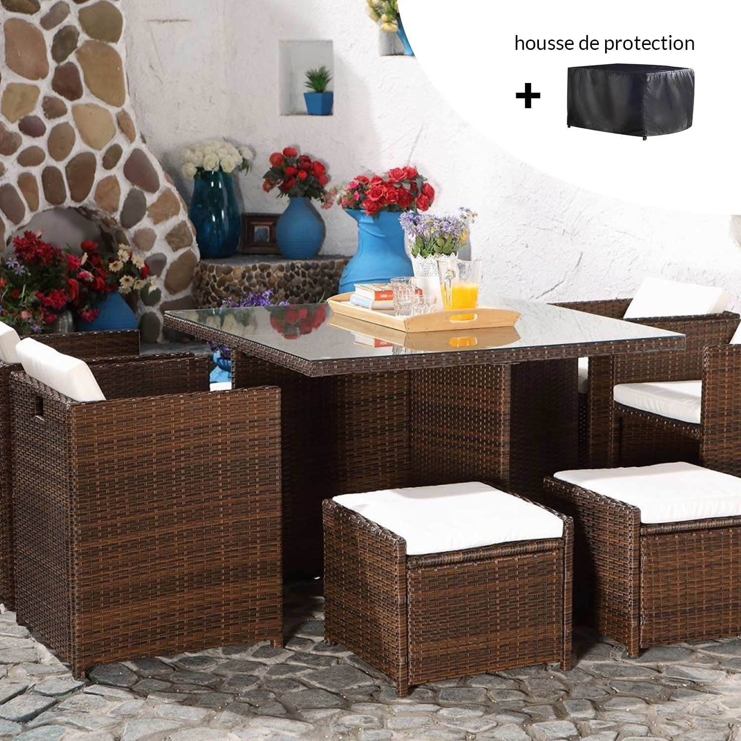 Salon de jardin 8 places marron-blanc + housse de protection REGINA
