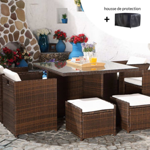 Salon de jardin 8 places marron-blanc + housse de protection REGINA