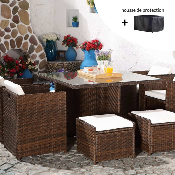Salon de jardin 8 places marron-blanc + housse de protection REGINA