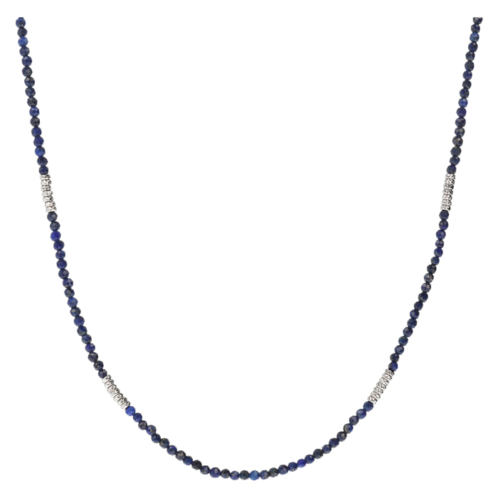 Collana Lunga in Argento 925 placcato Rodio con Rondelle Martellate e Pietra Naturale Sfaccettata Lapislazzuli Blu