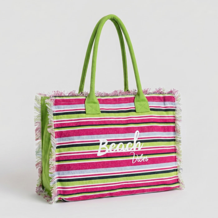 Borsa mare donna con pochette coordinata, shopper spiaggia grande in cotone effetto fouta con frange e zip, borsa rigata multicolor Beach Vibes, capiente e leggera, ideale per mare piscina vacanze e tempo libero