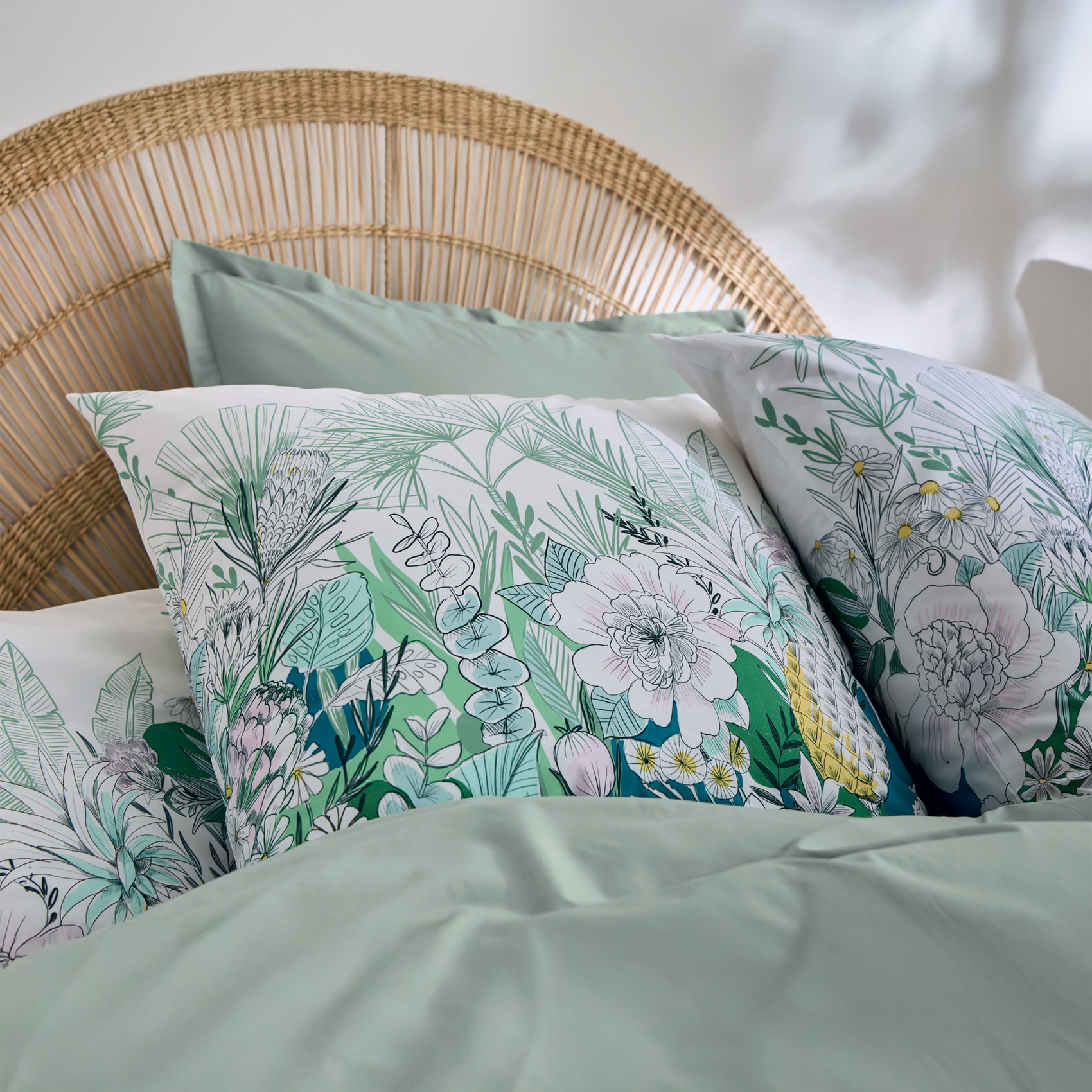 Parure de lit 3 pièces percale de coton feuillage exotique housse + taies - Vert