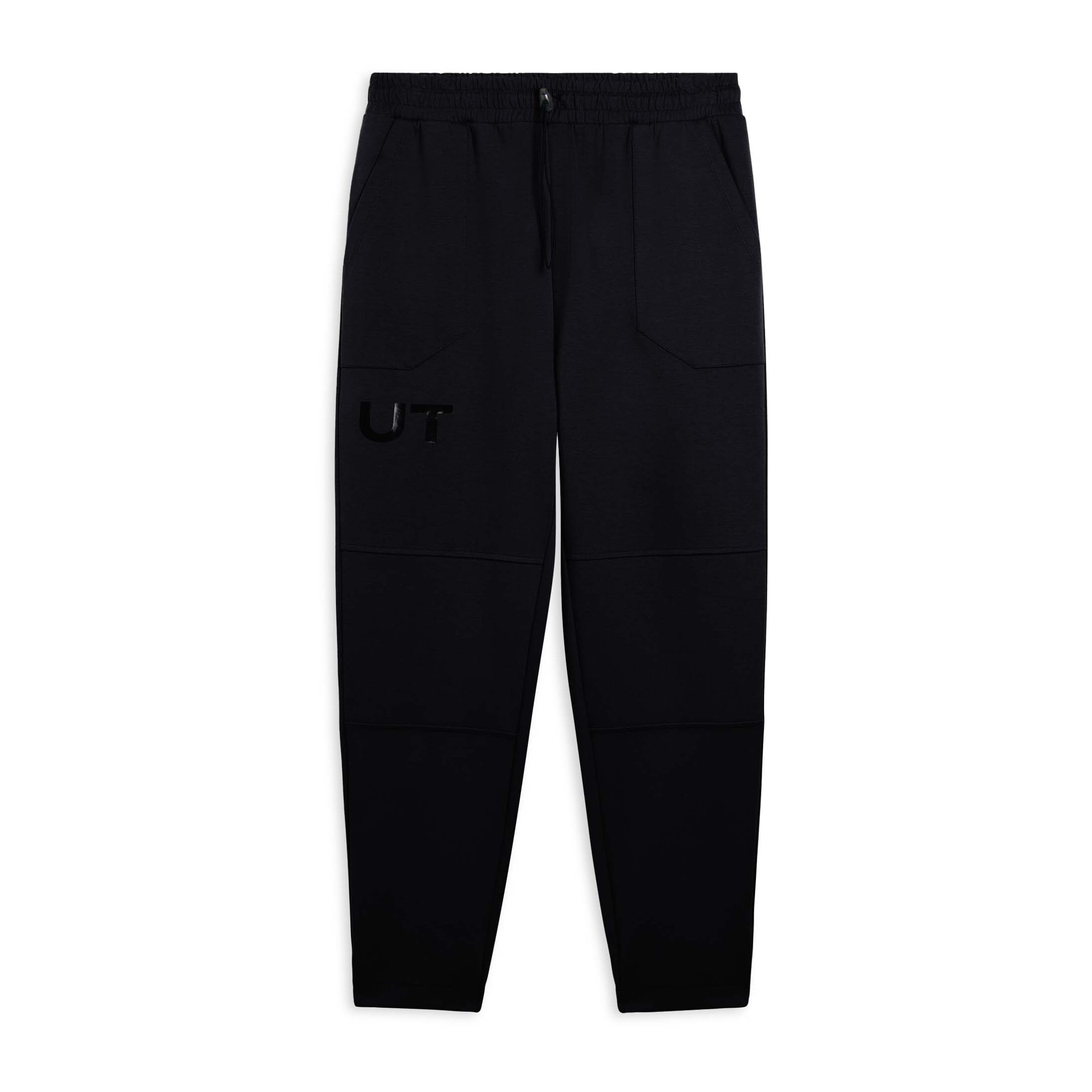 Pantaloni slim in interlock con stampa UT e cuciture