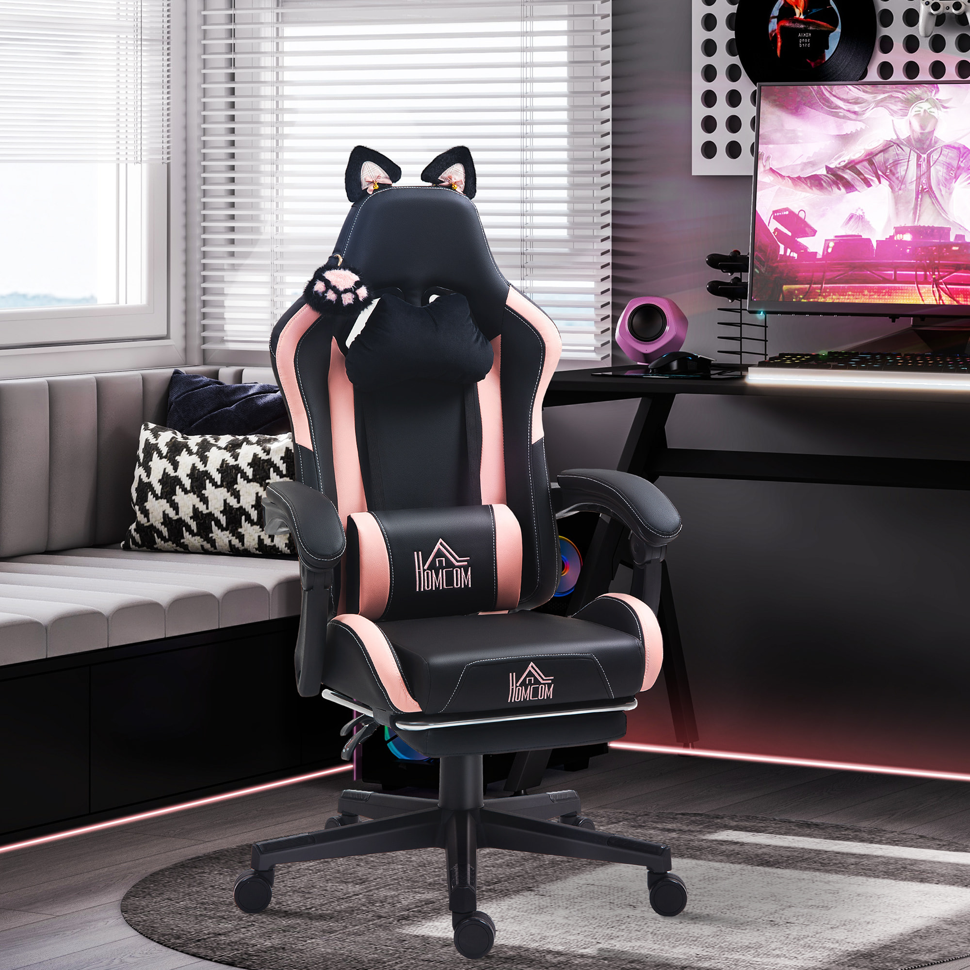 Chaise gaming design oreilles et patte de chat - inclinable, repose-pieds rétractable - rose noir