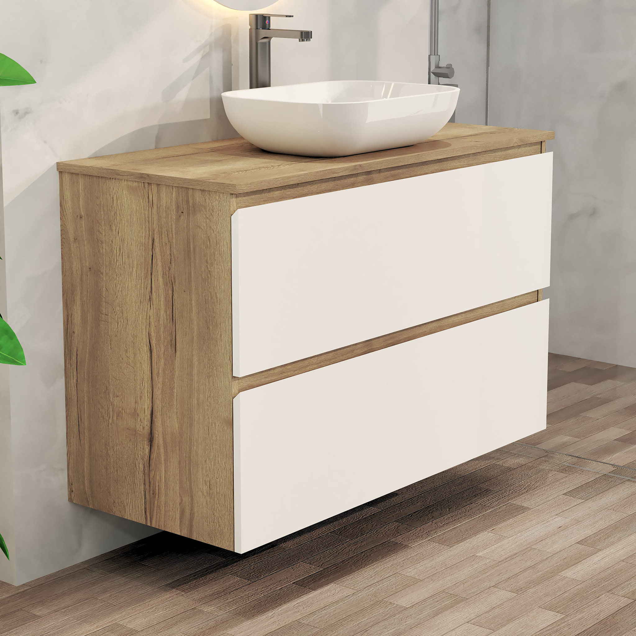 Ensemble de Salle de Bain Nia | Meuble Suspendu | 100 cm Blanc | Deux Tiroirs |Lavabo sur Plan | Miroir non inclus | Meuble Monté | Alday
