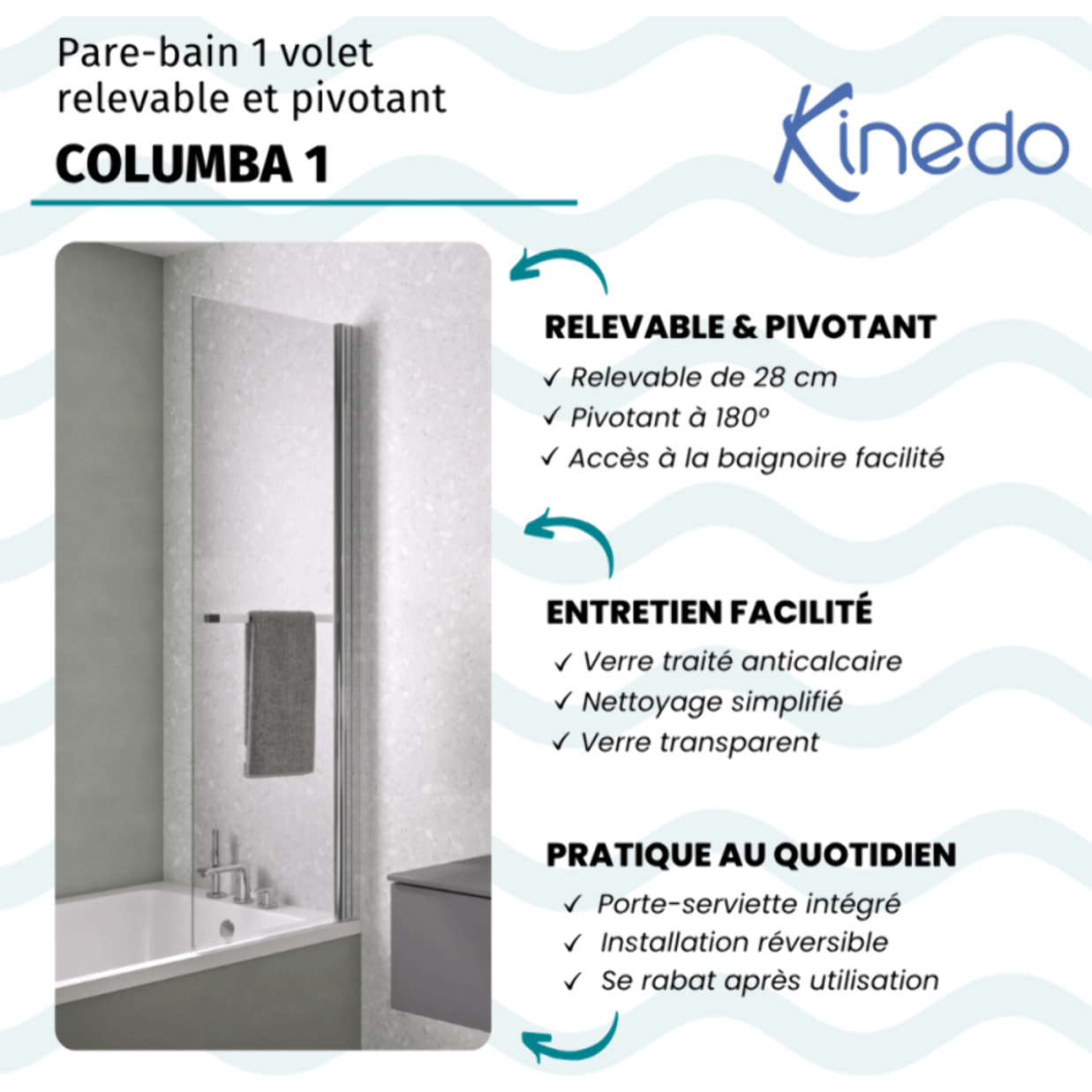 Pare bain relevable et pivotant 75x150cm KINEDO Columba 1 volet réversible avec porte serviette chromé