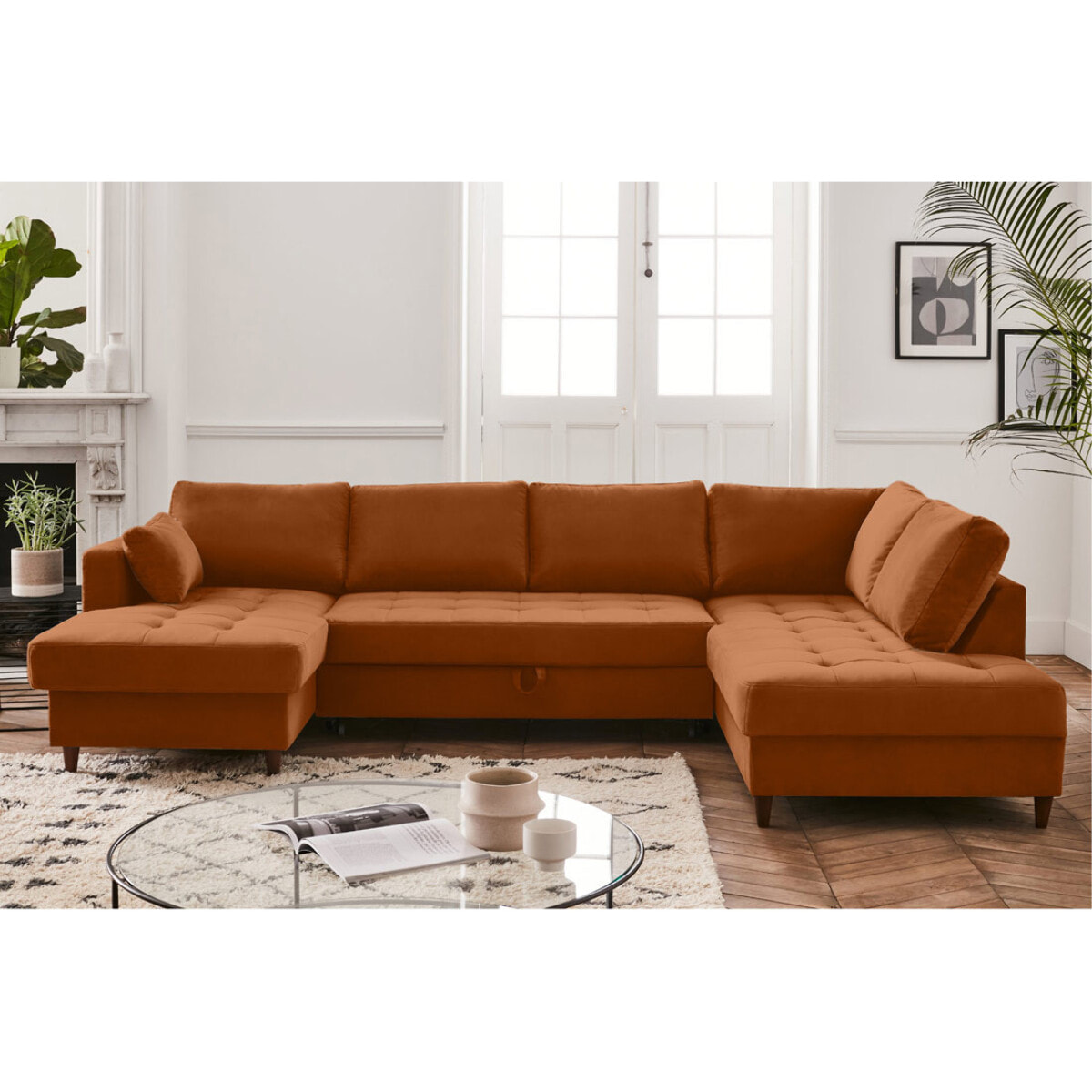 Anna - canapé panoramique d'angle droit - 7 places - convertible avec coffre - en velours - Rouille