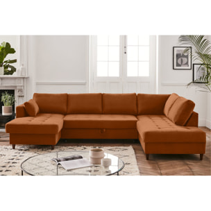 Anna - canapé panoramique d'angle droit - 7 places - convertible avec coffre - en velours - Rouille