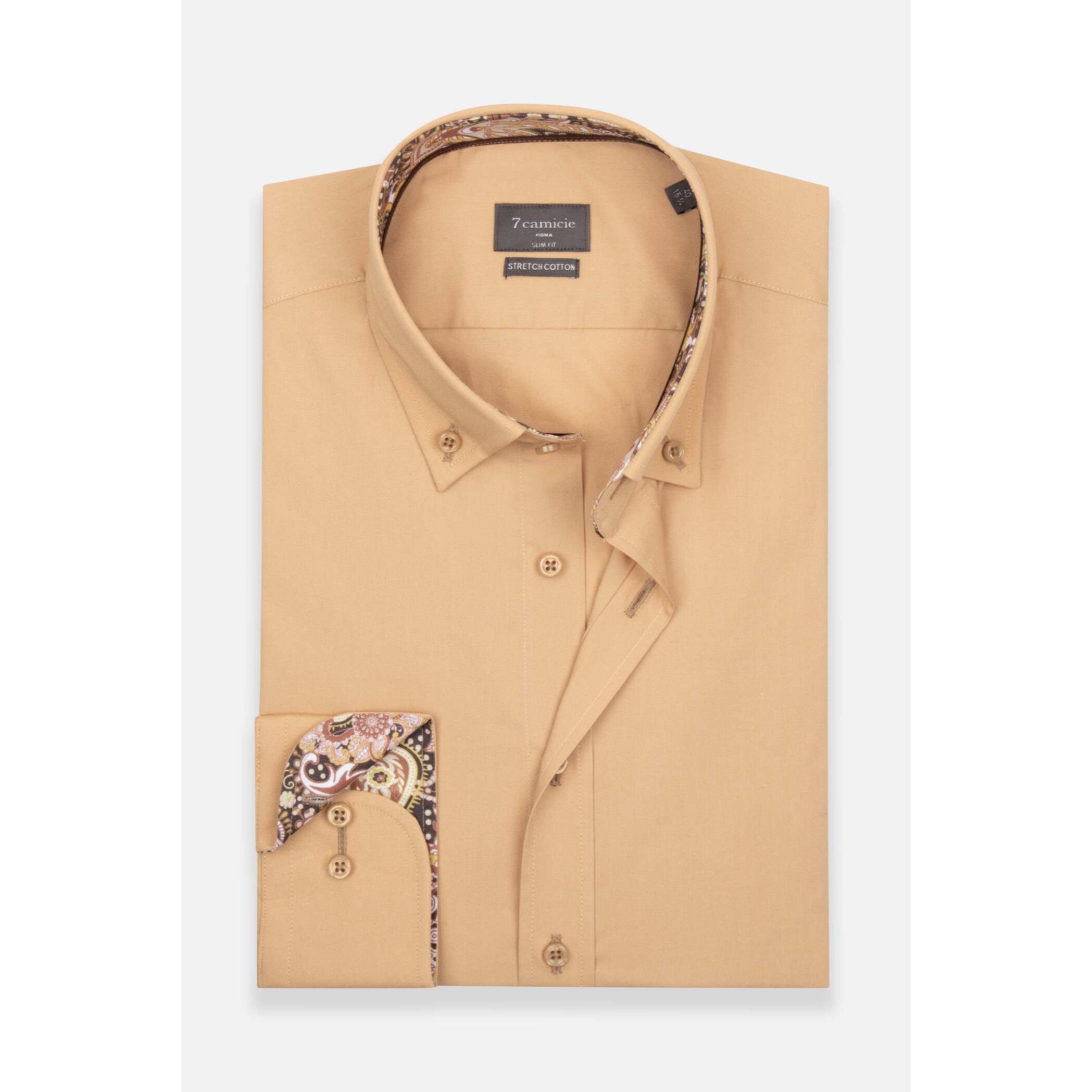 camicia uomo 1 bottone button down slim Popeline Stretch Unito Mastice