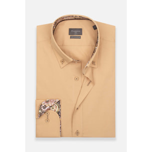 camicia uomo 1 bottone button down slim Popeline Stretch Unito Mastice