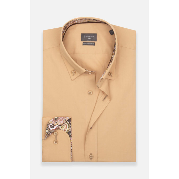 camicia uomo 1 bottone button down slim Popeline Stretch Unito Mastice