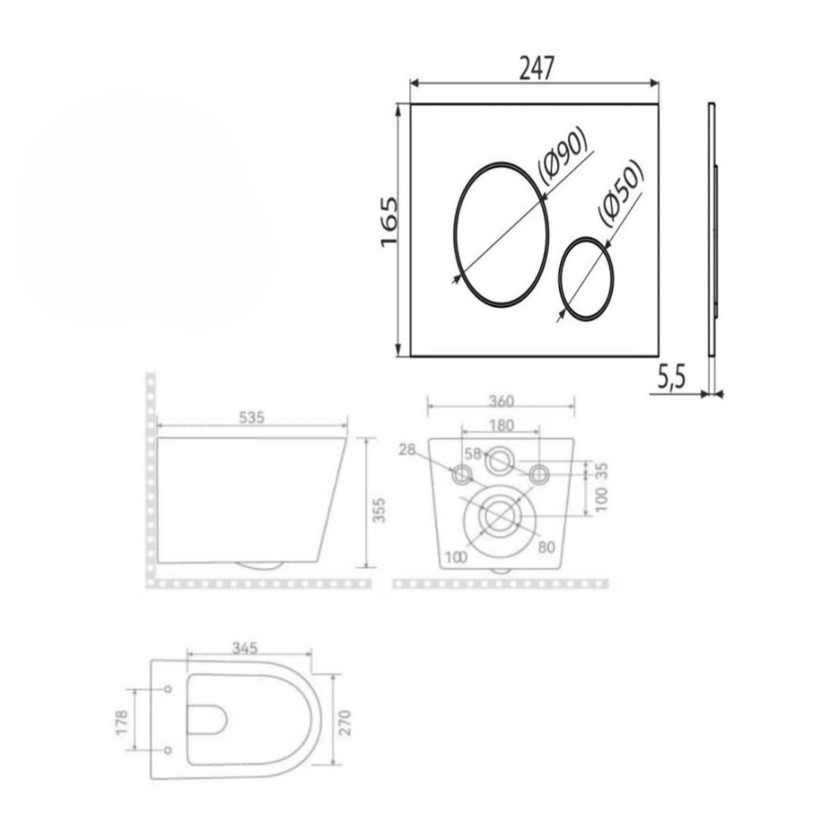 WC-Komplettset Schwarz Matt mit Vorwandelement ECO 2L, Rimless Hänge-WC & SoftClose-Sitz (STECE14BMT01-IN)