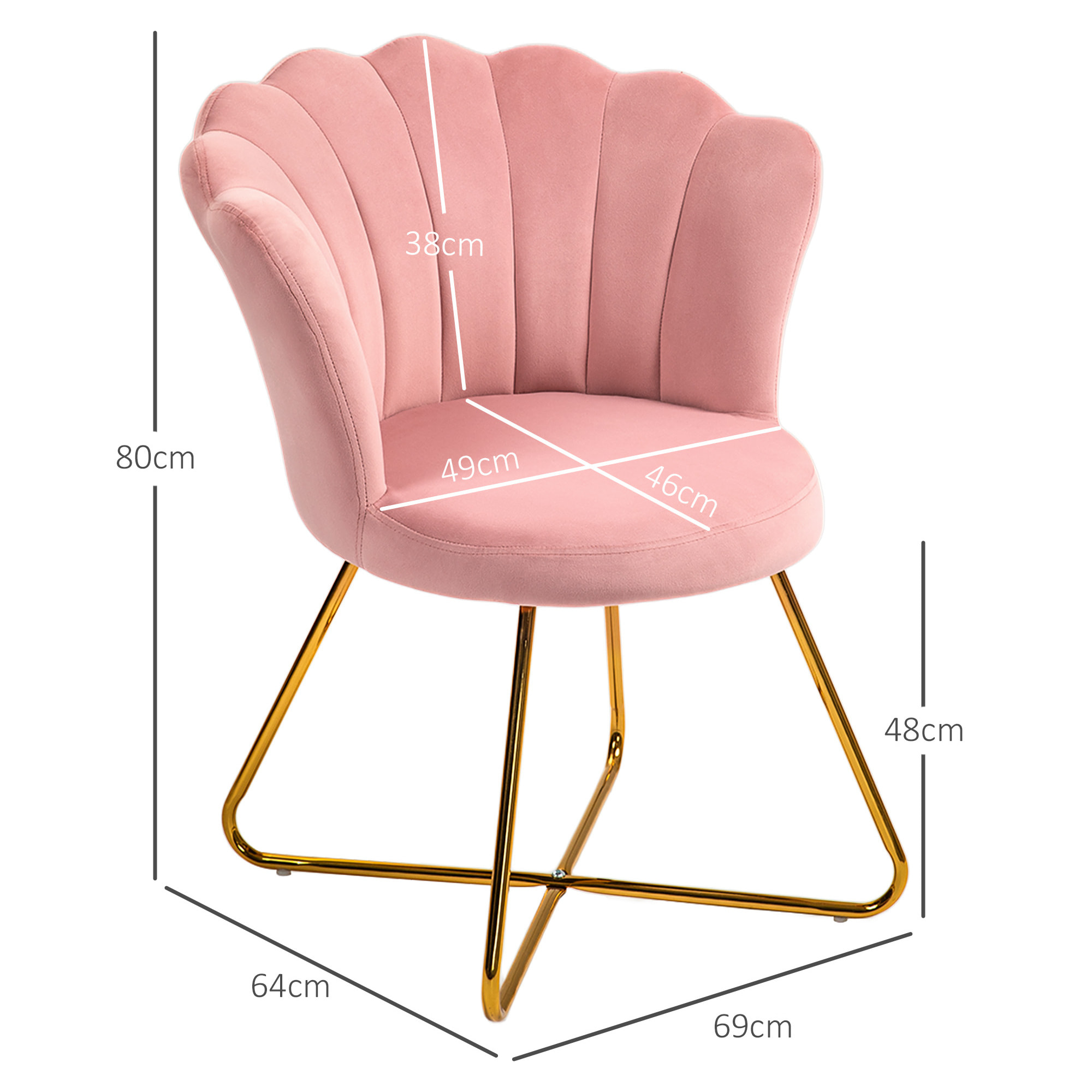 Fauteuil design coquillage piètement acier doré velours rose poudré