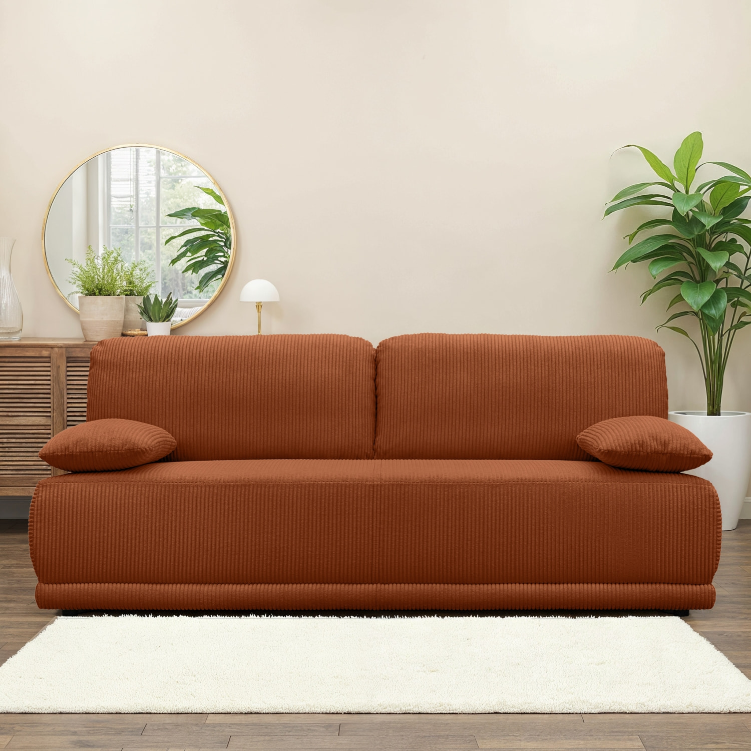 Banquette convertible 3 places velours côtelé camel avec coffre de rangement - L 192 x P 100 x H 81cm -Nelson