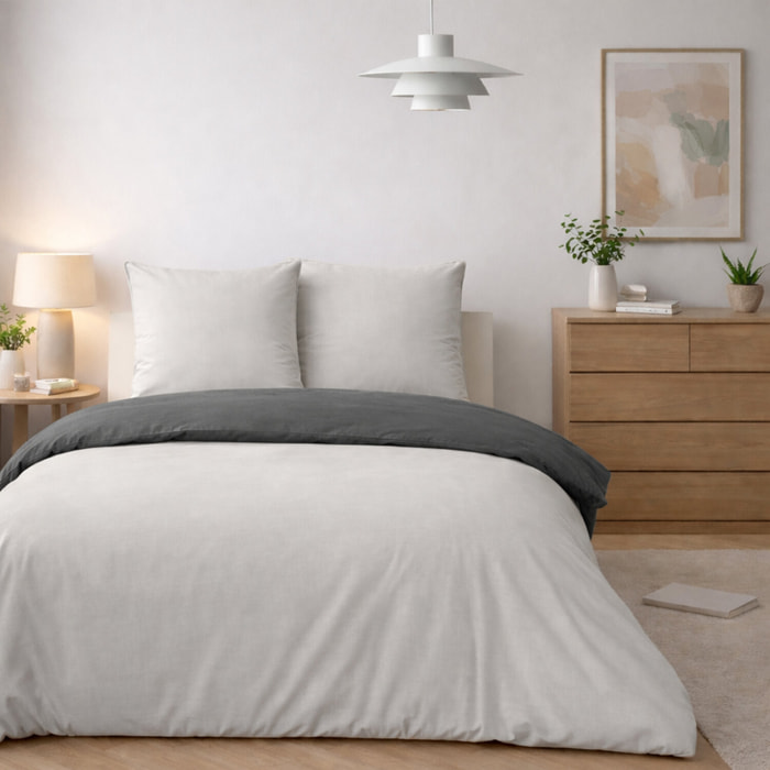 Parure housse de couette avec taie 100% coton lavé - Vicky Bicolore Gris Galet