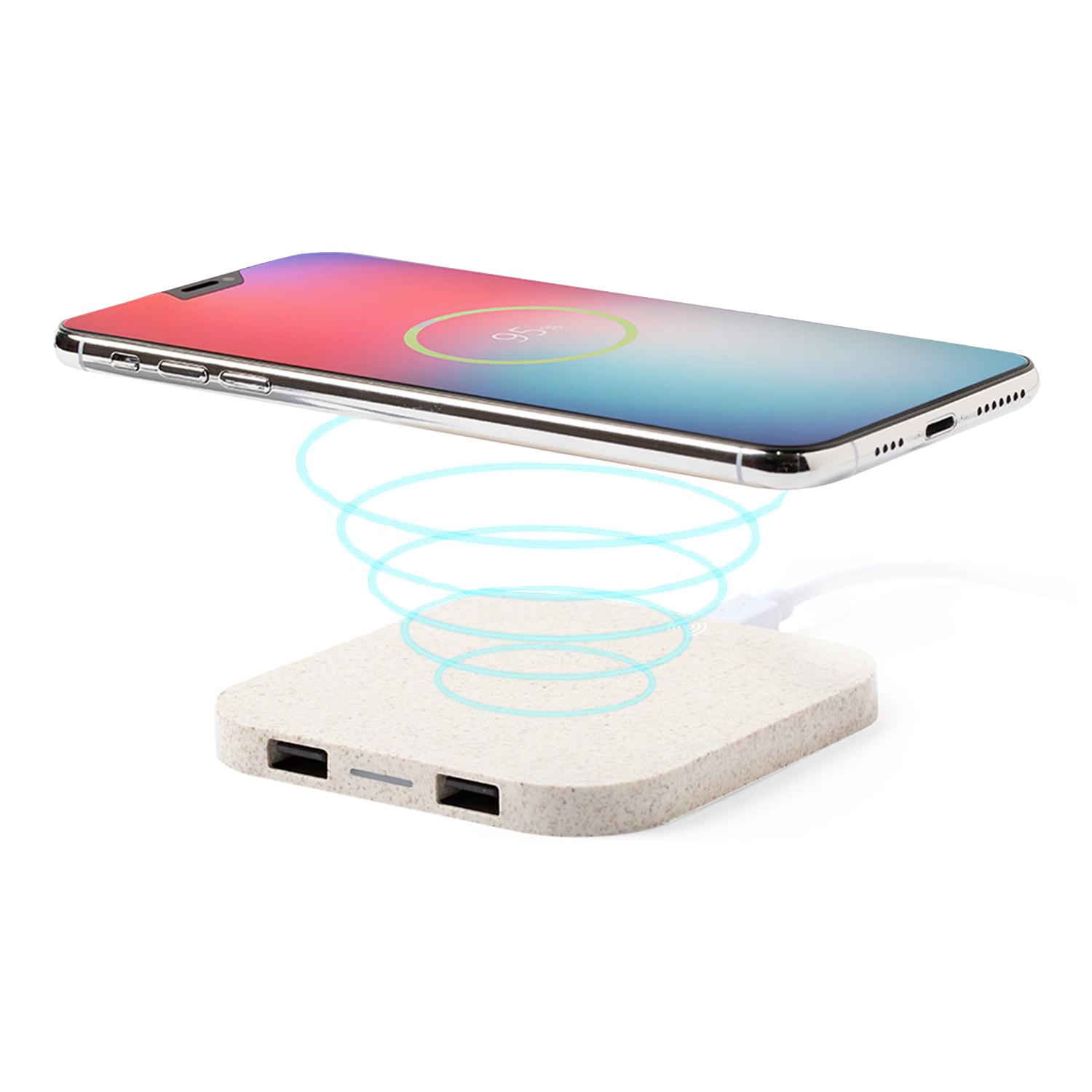 Cargador Riens Qi inalámbrico, fabricado con caña de trigo, con doble salida USB de 2100 mAh.