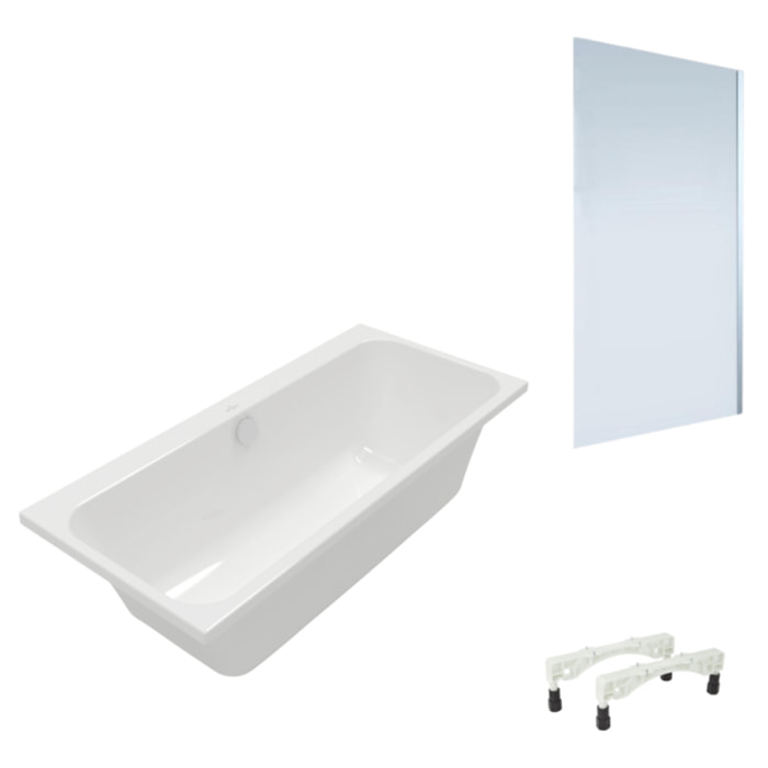 Baignoire droite VILLEROY & BOCH Architectura avec pieds 180 x 80 cm Blanc + Pare bain droite AURYS Mist 1 chromé