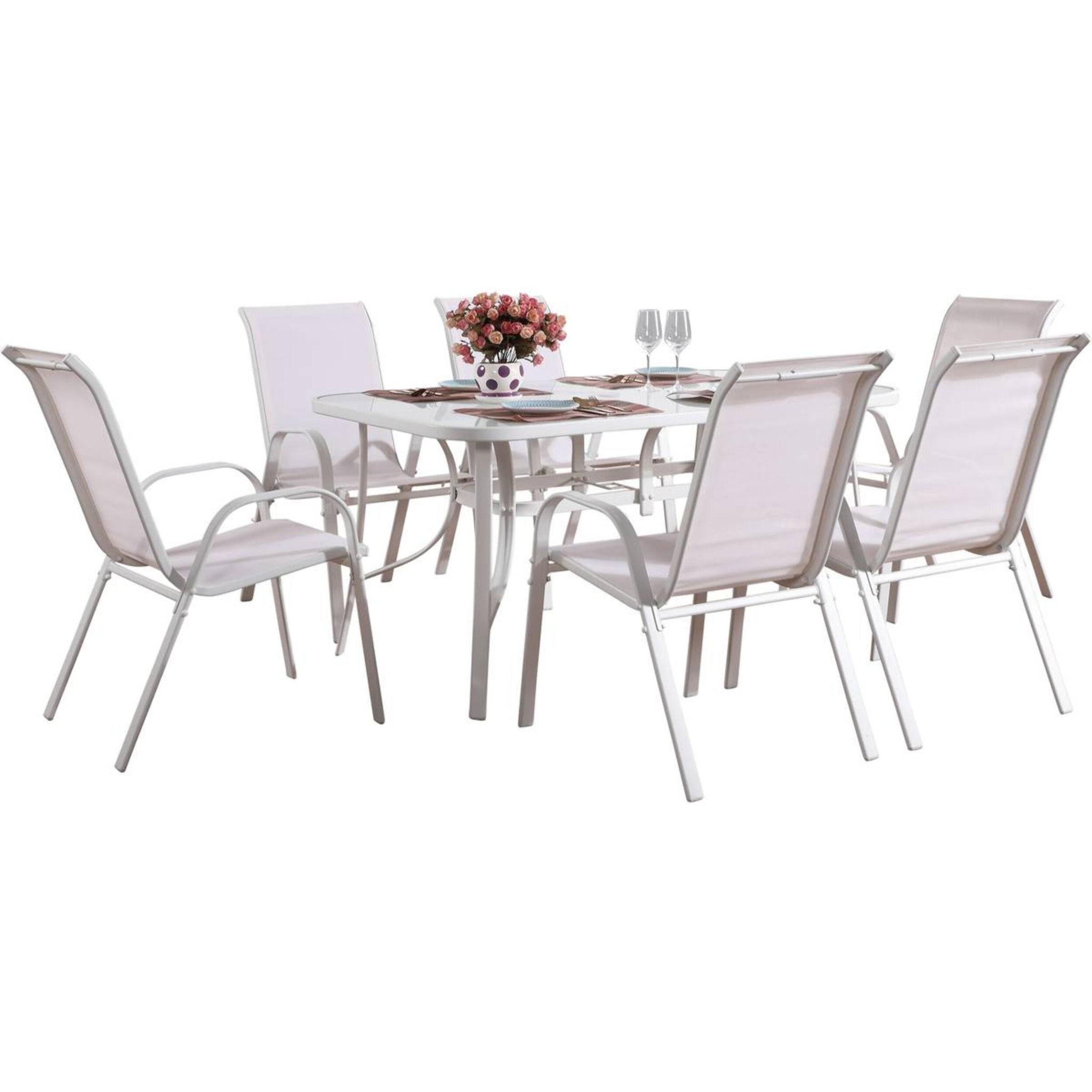 Table et chaises de jardin en textilène "Cordoba" - Phoenix - 6 places - Ecru