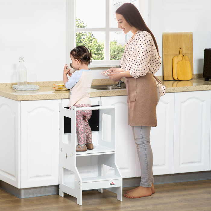 Torre de Aprendizaje para Niños 3-6 Años de Madera Taburete de Cocina Infantil Convertible en Escritorio con Pizarra Pedal y Barra de Seguridad para Baño 42x44x86 cm Blanco