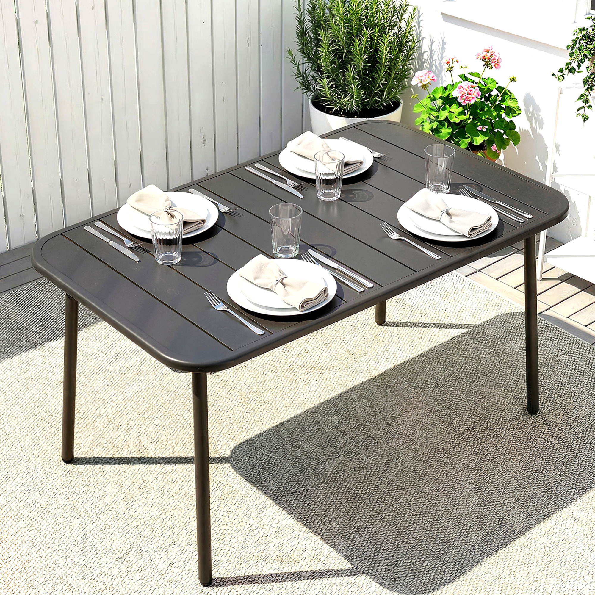 Mesa de Comedor de Jardín Rectangular, 120x70x72 cm, Mesa de Terraza Exterior de Acero con Tablero con Listones, para 4 Personas, Carga 50 kg, para Patio, Balcón, Gris