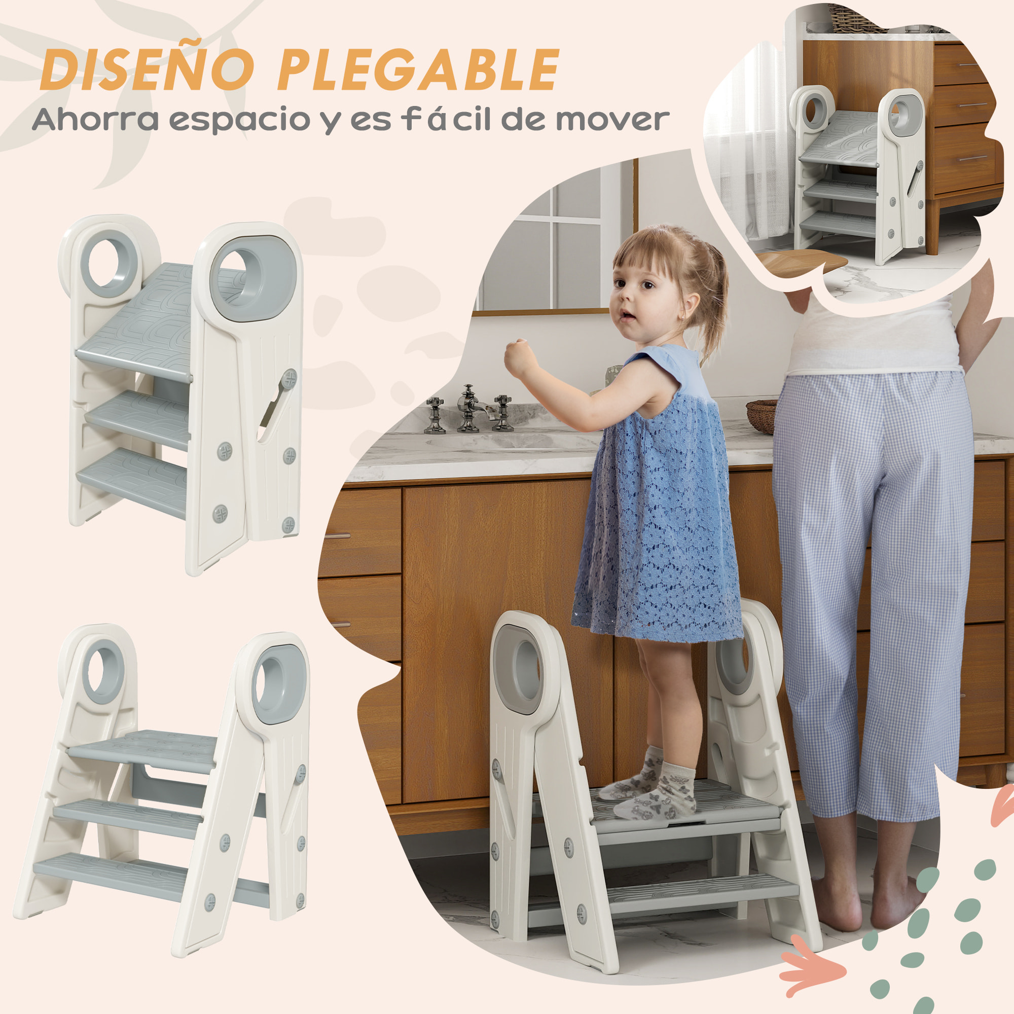 Taburete para Niños Plegable Torre de Aprendizaje Ajustable Escalera para Niños de 18-60 Meses Antideslizante para Baño Cocina Librería Dormitorio Gris y Blanco